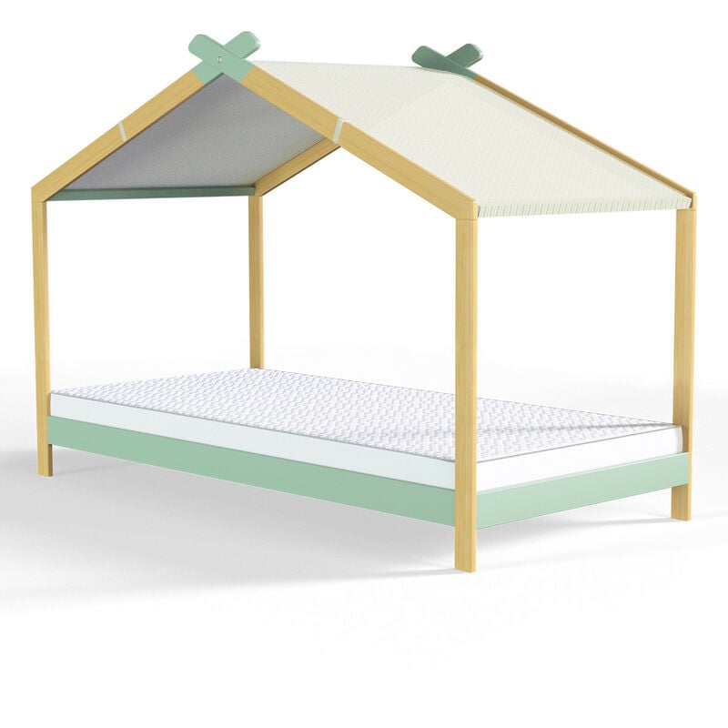 Ensemble lit cabane 90x190 en pin massif vert avec sommier Charly + matelas mousse Confort Kids