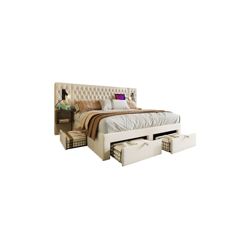 Ensemble lit chambre à coucher complet, lit double 160×200 cm avec 2 tables de nuit et 4 tiroirs, tête de lit avec fonction de chargement