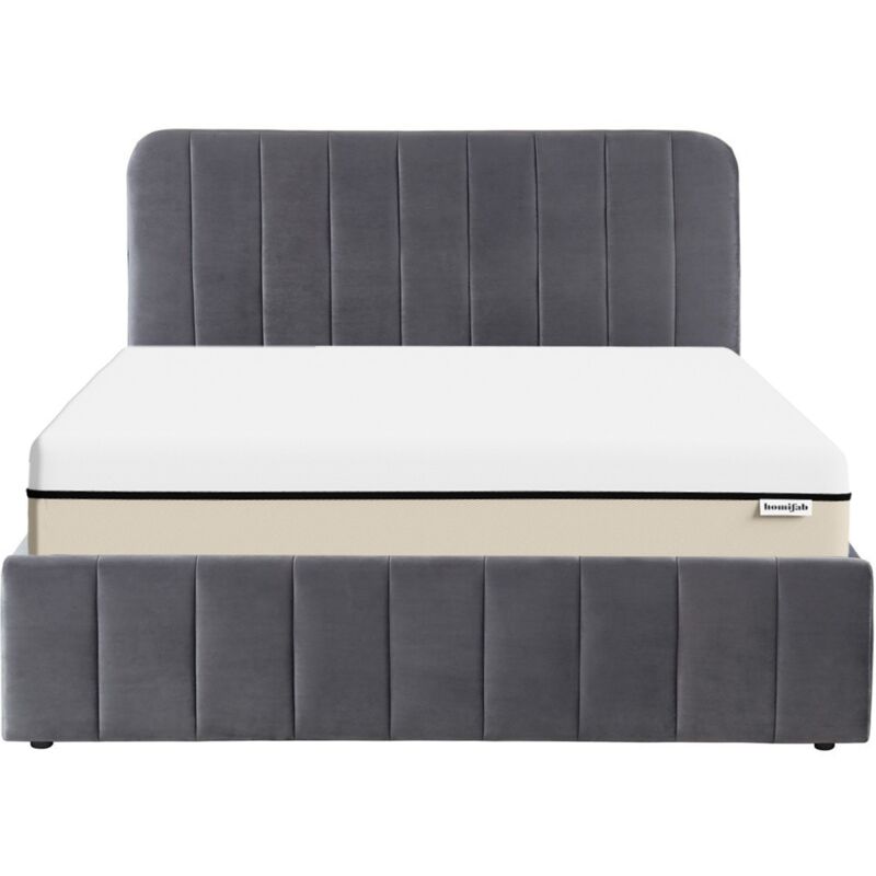 Homifab - Ensemble lit coffre 140x190 en velours gris anthracite Ava + Matelas Hybride ressorts ensachés + mémoire de forme - Spring Elite
