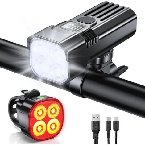 Ensemble Lumière Vélo, Rechargeable Avant et Arrière,Phare de Vélo 1000 Lumens Vrès Lumineux avec 2 LEDs 2400 mAh IPX5