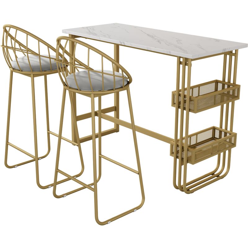 modernluxe - ensemble "mange debout":table de bar et 2 tabourets - structure en métal - doré