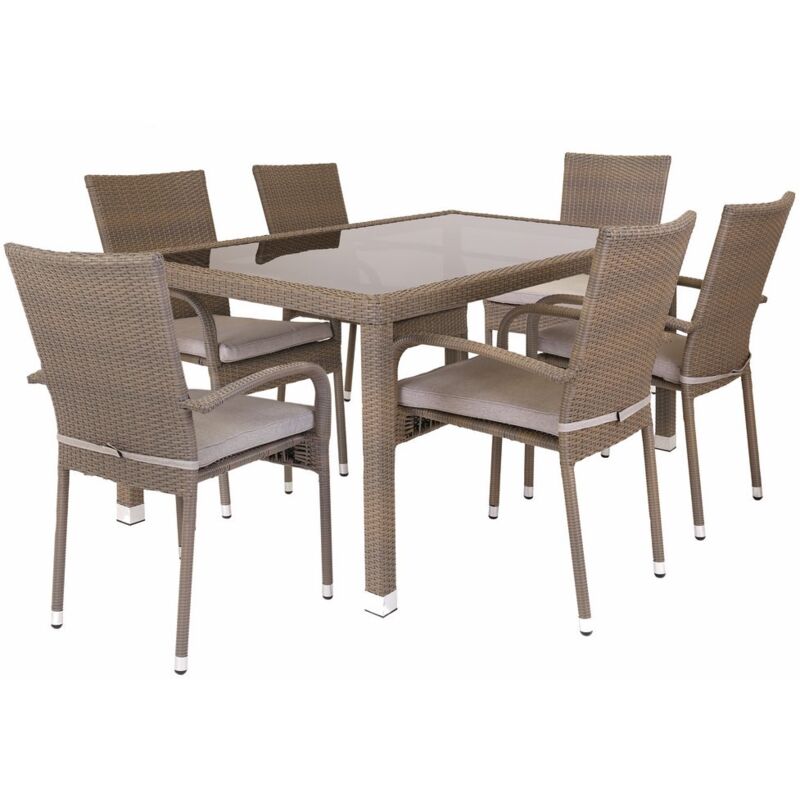 Lola Home - Ensemble Marlene: table et 6 chaises de jardin en verre et rotin synthétique, en taupe