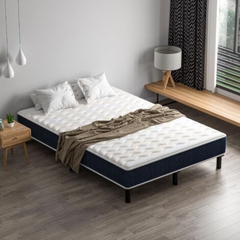 Ensemble Matelas 140 x 190 CM DEWINNER ,Sommier Matelas à Mousse ensachés et Robuste Cadre de lit en Fer avec 6 Pieds, 140 x 190 x 15 Lit Complet, épaisseur 15cm,Haute résilience et Respirant
