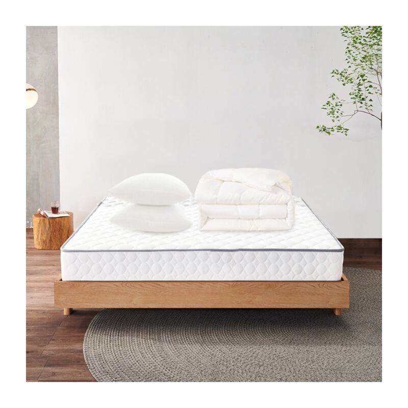 Ensemble Matelas et Couette et 2 Oreillers - Matelas 140x190x15cm + 1 Couette 220x240cm + 2 Oreillers 60x60cm - Zones de Confort Mousse Adaptative
