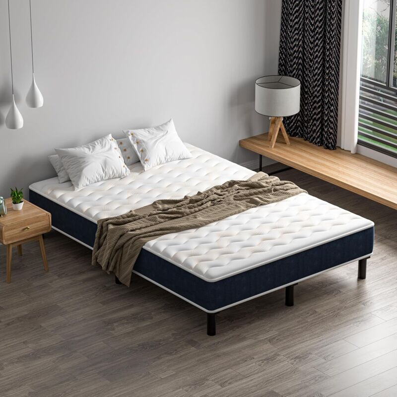Ensemble Matelas 140 x 190 cm Dewinner Sommier Matelas à Mousse ensachés et Robuste Cadre de lit en Fer avec 6 Pieds, 140 x 190 x 15 Lit Complet,