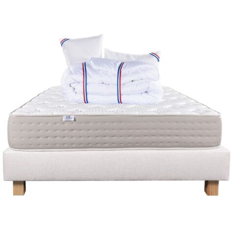 Ensemble Matelas Dreamlux 26cm ressorts ensachés ferme face été/hiver+sommier beige ep20cm+oreiller+couette, 160x200cm