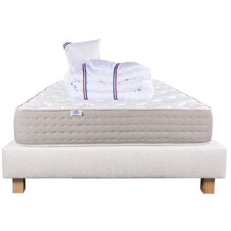 Ensemble Matelas Dreamlux 26cm ressorts ensachés ferme face été/hiver+sommier beige ep20cm+oreiller+couette, 90x190cm