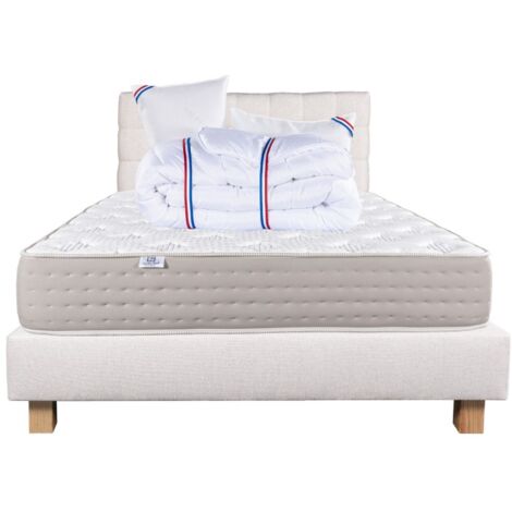 Ensemble Matelas Dreamlux 26cm ressorts ensachés ferme face été/hiver+sommier beige ep20cm+oreiller+couette+Tête de Lit, 160x200cm