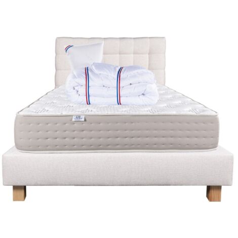 Ensemble Matelas Dreamlux 26cm ressorts ensachés ferme face été/hiver+sommier beige ep20cm+oreiller+couette+Tête de Lit, 90x190cm