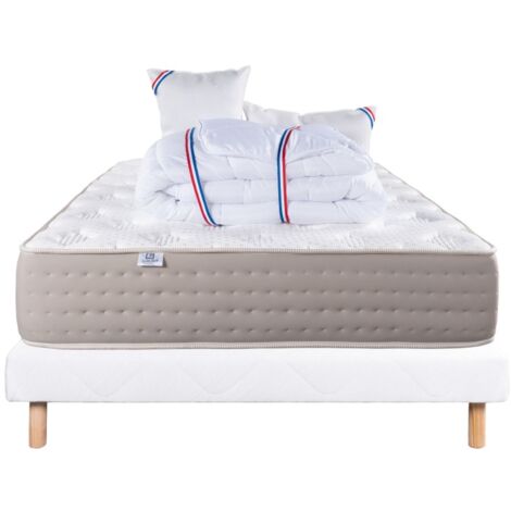 Ensemble Matelas Dreamlux 26cm ressorts ensachés ferme face été/hiver+sommier blanc ep 13cm+oreiller+couette, 140x190cm