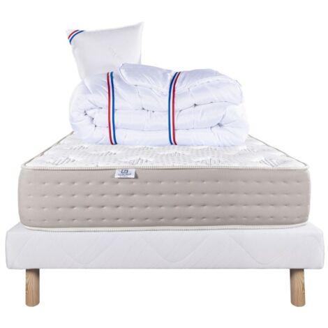Ensemble Matelas Dreamlux 26cm ressorts ensachés ferme face été/hiver+sommier blanc ep 13cm+oreiller+couette, 90x190cm