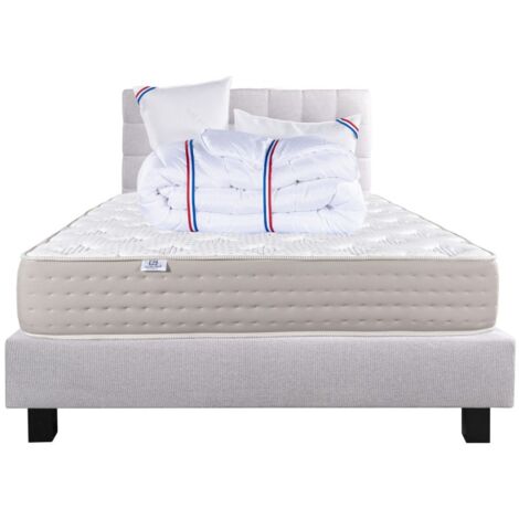 Ensemble Matelas Dreamlux 26cm ressorts ensachés ferme face été/hiver+sommier gris ep20cm+oreiller+couette+Tête de Lit, 160x200cm