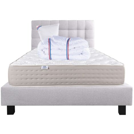 Ensemble Matelas Dreamlux 26cm ressorts ensachés ferme face été/hiver+sommier gris ep20cm+oreiller+couette+Tête de Lit, 90x190cm