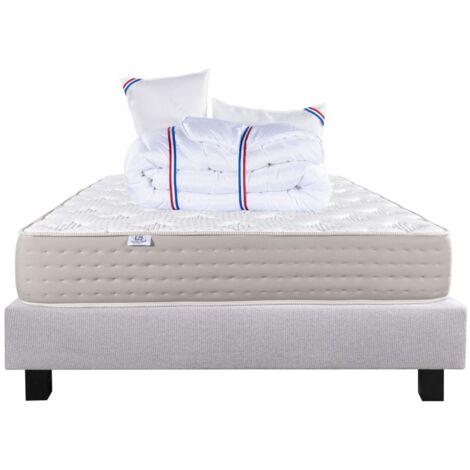 Ensemble Matelas Dreamlux 26cm ressorts ensachés mousses haute densité ferme face été/hiver+sommier gris ep20cm+oreiller+couette, 160x200cm