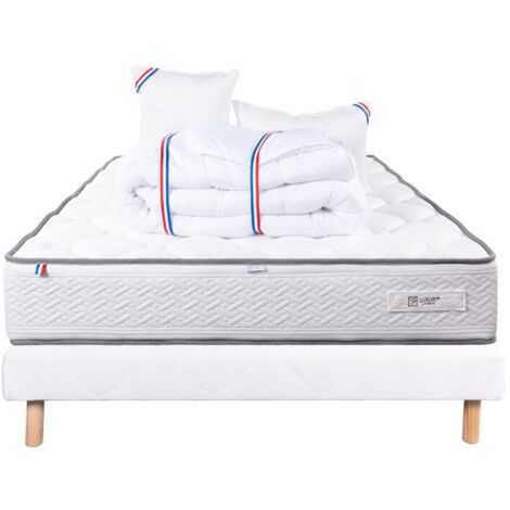 Ensemble Matelas Iris (20 cm) mousse haute densité, ferme, face été/hiver, Sommier blanc (13cm), Oreiller et Couette, 140x190cm