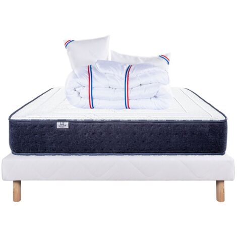 Ensemble Matelas Nuage (24cm), Sommier (13cm), Oreiller et Couette -mousse haute densité, mi-ferme, face été/hiver, 160x200cm