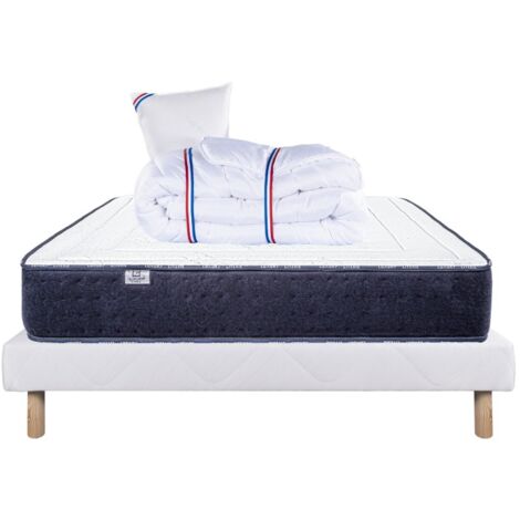 Ensemble Matelas Nuage (24cm), Sommier (13cm), Oreiller et Couette -mousse haute densité, mi-ferme, face été/hiver, 90x190cm