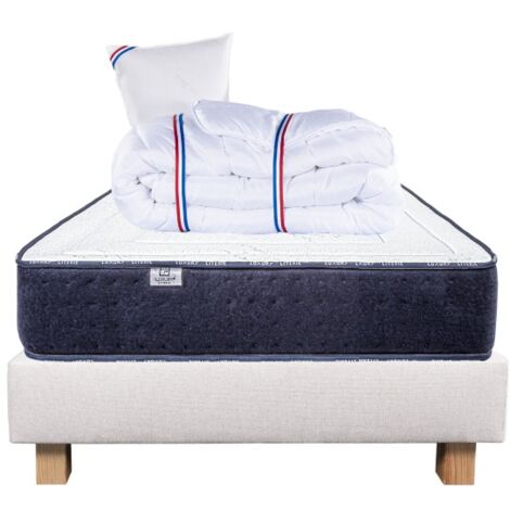 Ensemble Matelas Nuage (24cm), Sommier (20cm), Oreiller et Couette, mousses haute densité, mi-ferme, face été/hiver, 90x190cm