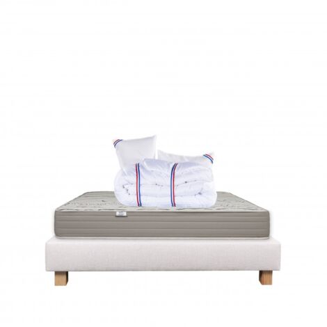 Ensemble Matelas Organic Cotton, 24 cm, mousses haute densité, ferme, face été/hiver + sommier beige ep20cm + oreiller + couette, 140x190cm