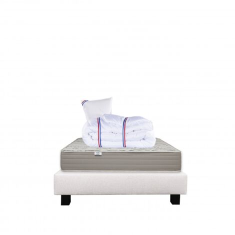 Ensemble Matelas Organic Cotton, 24 cm, mousses haute densité, ferme, face été/hiver + sommier beige ep20cm + oreiller + couette, 90x190cm