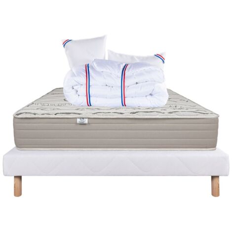 Ensemble Matelas Organic Cotton, 24 cm, mousses haute densité, ferme, face été/hiver+sommier blanc ep 13cm+oreiller+couette, 140x200cm