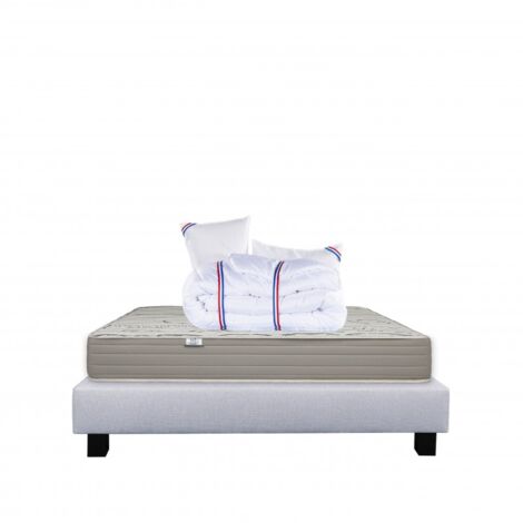 Ensemble Matelas Organic Cotton, 24 cm, mousses haute densité, ferme, face été/hiver + sommier gris ep20cm + oreiller + couette, 140x200cm