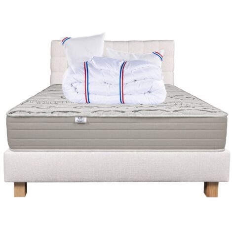 Ensemble Matelas Organic Cotton 24cm ferme face été/hiver+sommier beige ep20cm+oreiller+couette+Tête de Lit, 140x190cm