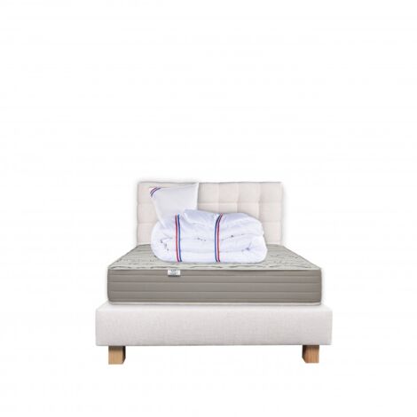 Ensemble Matelas Organic Cotton 24cm ferme face été/hiver+sommier beige ep20cm+oreiller+couette+Tête de Lit, 90x190cm