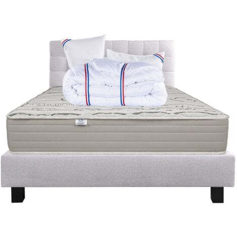 Ensemble Matelas Organic Cotton 24cm mousses haute densité ferme face été/hiver+sommier gris ep20cm+oreiller+couette+Tête de Lit, 140x190cm