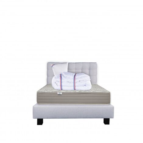 Ensemble Matelas Organic Cotton 24cm mousses haute densité ferme face été/hiver+sommier gris ep20cm+oreiller+couette+Tête de Lit, 90x190cm