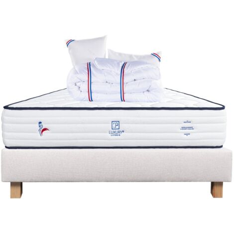 Ensemble Matelas Patriote, 27 cm, ressorts ensachés, ferme, face été/hiver + sommier beige ep20cm + oreiller + couette, 160x200cm