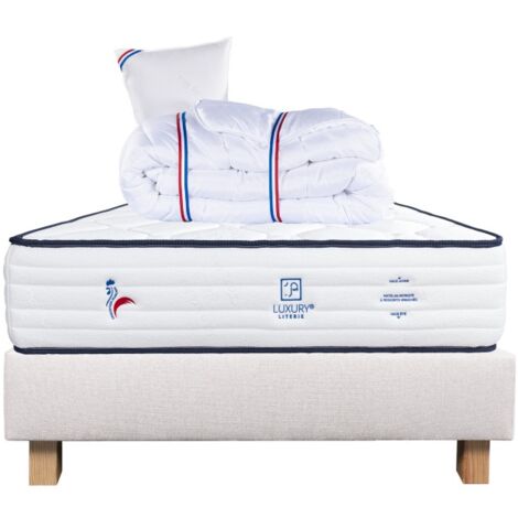 Ensemble Matelas Patriote, 27 cm, ressorts ensachés, ferme, face été/hiver + sommier beige ep20cm + oreiller + couette, 90x190cm