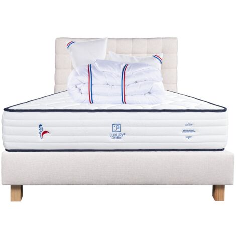 Ensemble Matelas Patriote, 27 cm, ressorts ensachés, ferme, face été/hiver+sommier beige ep20cm+oreiller+couette+Tête de Lit, 160x200cm