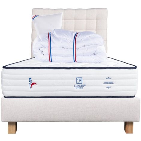 Ensemble Matelas Patriote, 27 cm, ressorts ensachés, ferme, face été/hiver+sommier beige ep20cm+oreiller+couette+Tête de Lit, 90x190cm