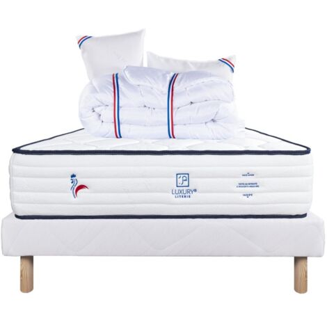 Ensemble Matelas Patriote, 27 cm, ressorts ensachés, ferme, face été/hiver + sommier blanc ep 13cm + oreiller + couette, 140x190cm