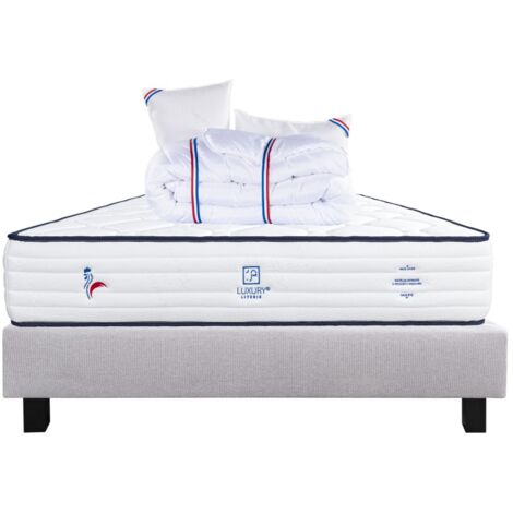 Ensemble Matelas Patriote, 27 cm, ressorts ensachés, ferme, face été/hiver + sommier gris ep20cm + oreiller + couette, 140x200cm