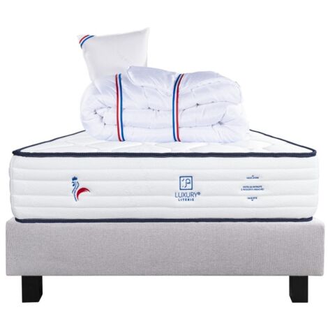 Ensemble Matelas Patriote, 27 cm, ressorts ensachés, ferme, face été/hiver + sommier gris ep20cm + oreiller + couette, 90x190cm