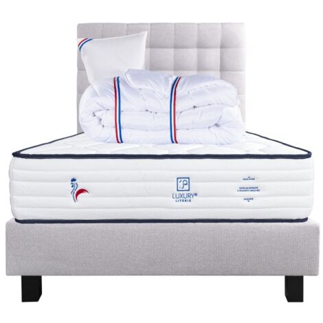Ensemble Matelas Patriote, 27 cm, ressorts ensachés, ferme, face été/hiver+sommier gris ep20cm+oreiller+couette+Tête de Lit, 90x190cm