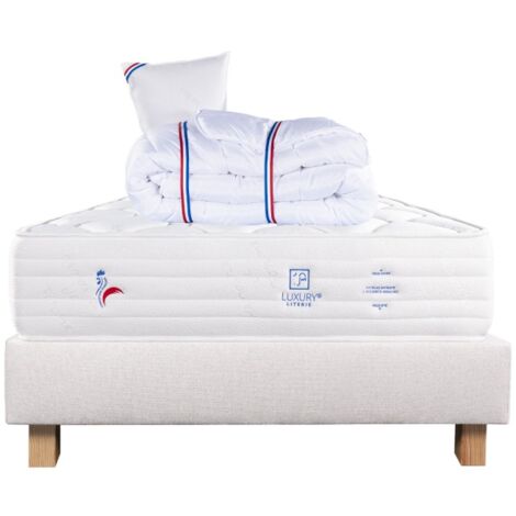 Ensemble Matelas Patriote Mousse, 27 cm, mousses haute densité , ferme, face été/hiver+sommier beige ep20cm+oreiller+couette, 90x190cm