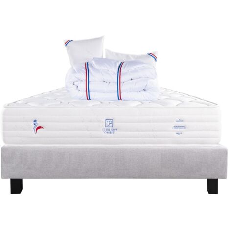 Ensemble Matelas Patriote Mousse, 27 cm, mousses haute densité , ferme, face été/hiver+sommier gris ep20cm+oreiller+couette, 160x200cm