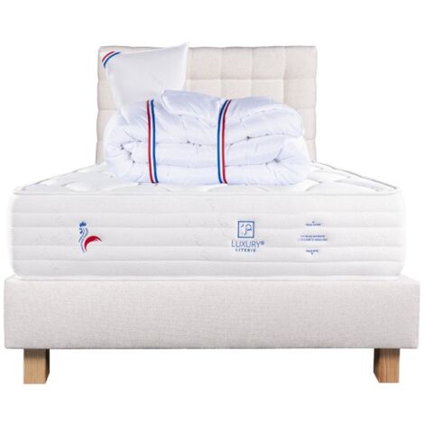 Ensemble Matelas Patriote Mousse 27cm ferme face été/hiver+sommier beige ep20cm+oreiller+couette+Tête de Lit, 90x190cm