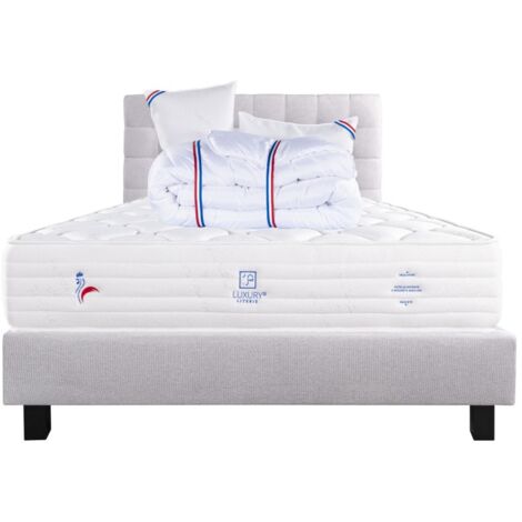 Ensemble Matelas Patriote Mousse 27cm  ferme face été/hiver+sommier gris ep20cm+oreiller+couette+Tête de Lit, 140x190cm