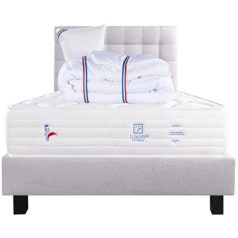 Ensemble Matelas Patriote Mousse 27cm ferme face été/hiver+sommier gris ep20cm+oreiller+couette+Tête de Lit, 90x190cm