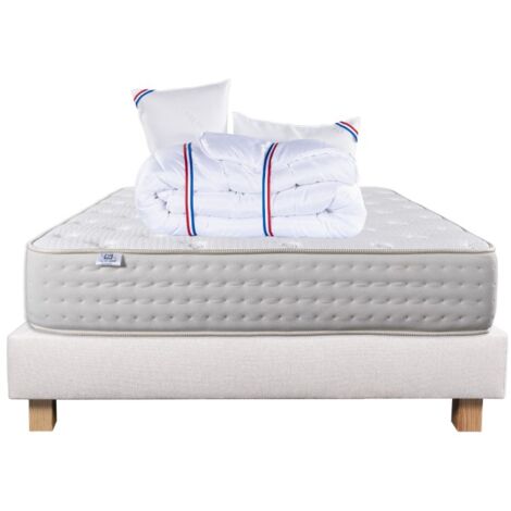Ensemble Matelas Purlux, 26 cm, mousses haute densité, ferme, face été/hiver + sommier beige ep20cm + oreiller + couette, 140x200cm