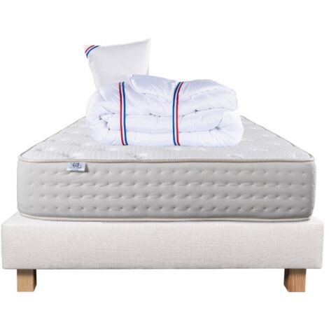 Ensemble Matelas Purlux, 26 cm, mousses haute densité, ferme, face été/hiver + sommier beige ep20cm + oreiller + couette, 90x190cm