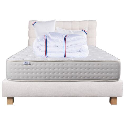 Ensemble Matelas Purlux, 26 cm, mousses haute densité, ferme, face été/hiver+sommier beige ep20cm+oreiller+couette+Tête de Lit, 140x190cm