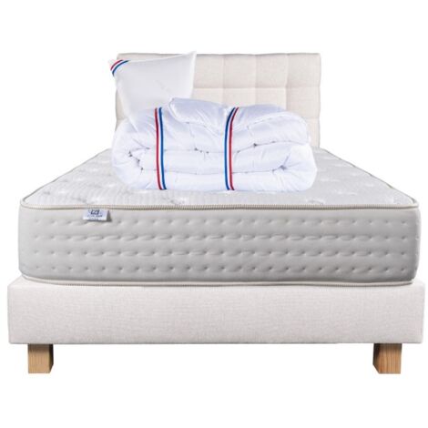 Ensemble Matelas Purlux, 26 cm, mousses haute densité, ferme, face été/hiver+sommier beige ep20cm+oreiller+couette+Tête de Lit, 90x190cm