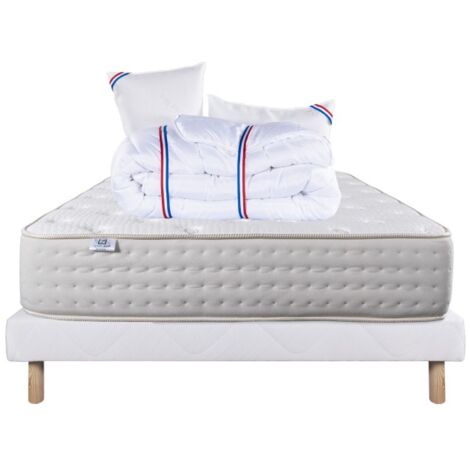 Ensemble Matelas Purlux, 26 cm, mousses haute densité, ferme, face été/hiver + sommier blanc ep 13cm + oreiller + couette, 140x200cm