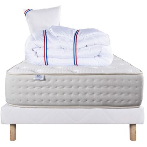 Ensemble Matelas Purlux, 26 cm, mousses haute densité, ferme, face été/hiver + sommier blanc ep 13cm + oreiller + couette, 90x190cm