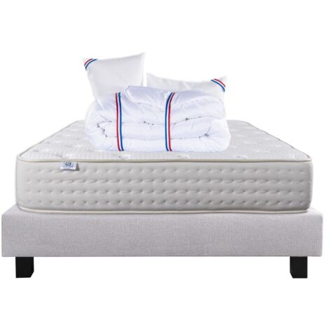 Ensemble Matelas Purlux, 26 cm, mousses haute densité, ferme, face été/hiver + sommier gris ep20cm + oreiller + couette, 140x190cm